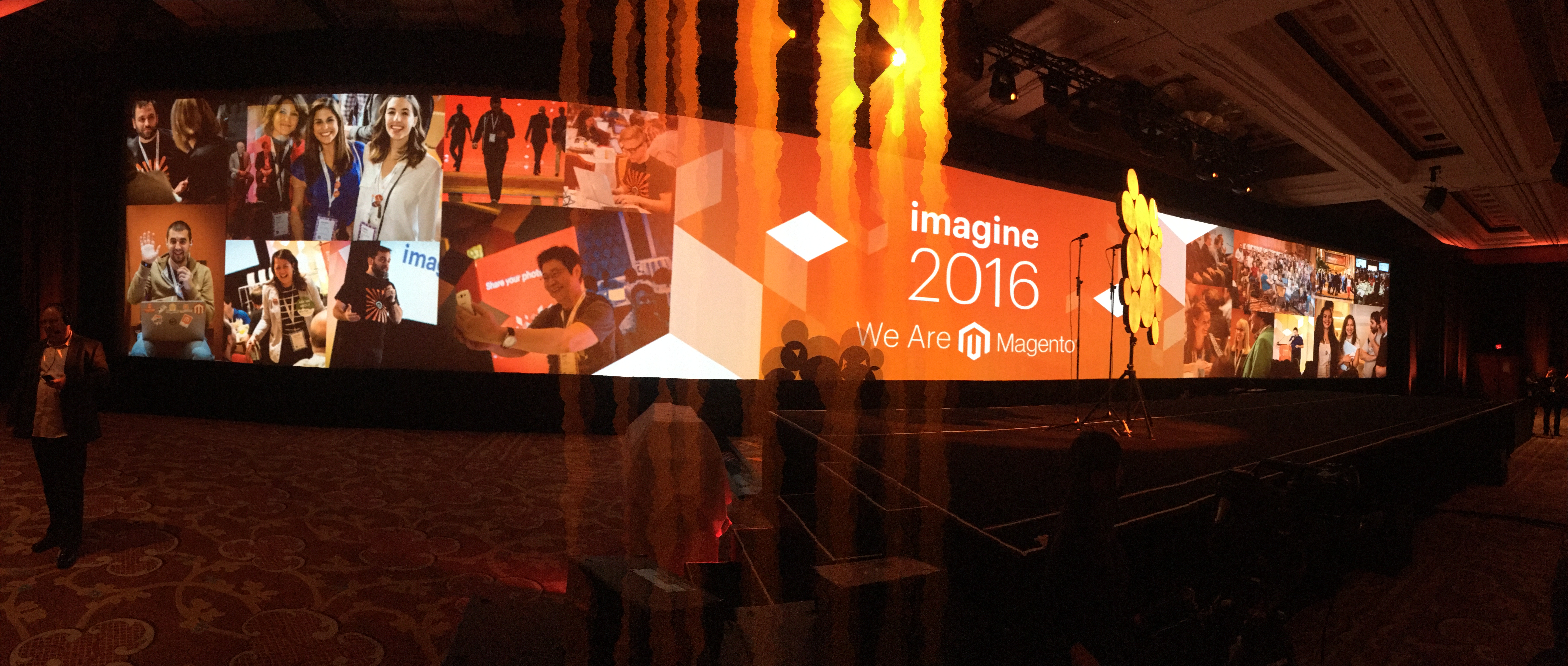 Panoramic view of the Imagine 2016 stage with We Are Magento branding