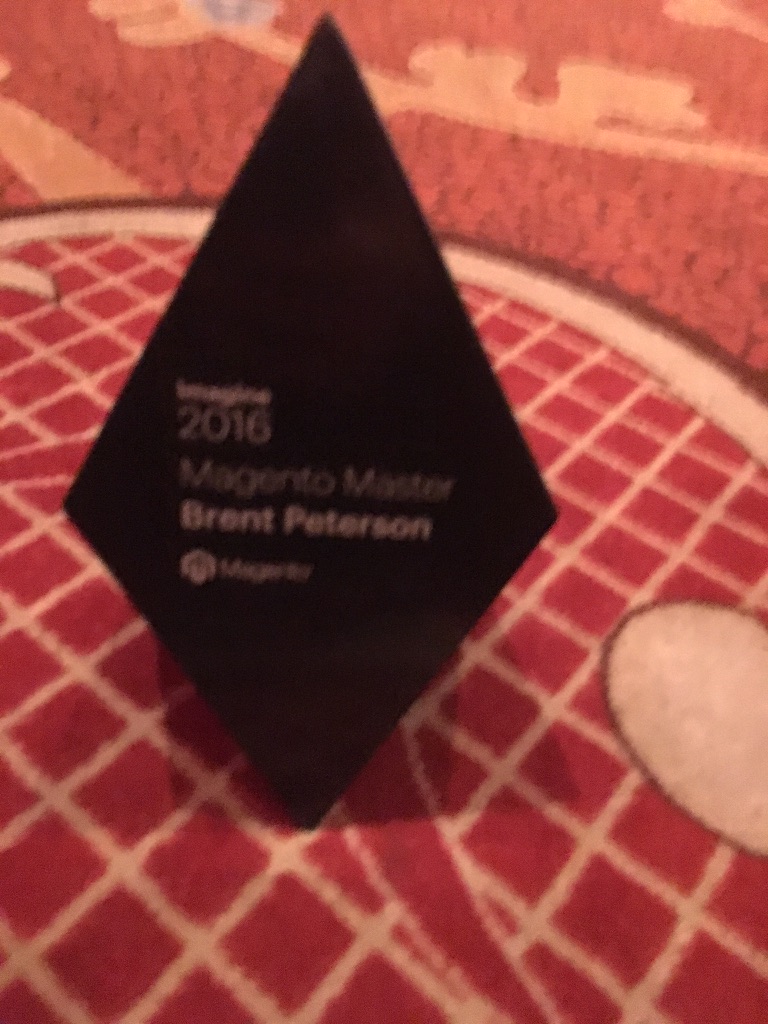 Magento Master 2016 trophy awarded to Brent Peterson at Imagine